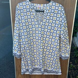 Barbara Gerwit Women’s Tunic Top - White, Blue & Yellow Print - Size Small